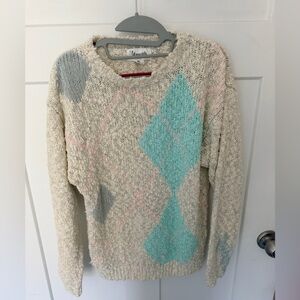Vintage 80s Moments Popcorn Knit Argyle Sweater L Mint Pink Cream Cottagecore
